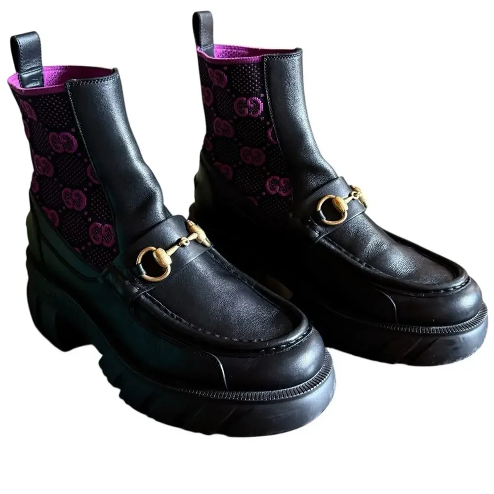 Gucci Quebec Leather Technical GG Monogram Horsebit Ankle Boots EU 38 US 8